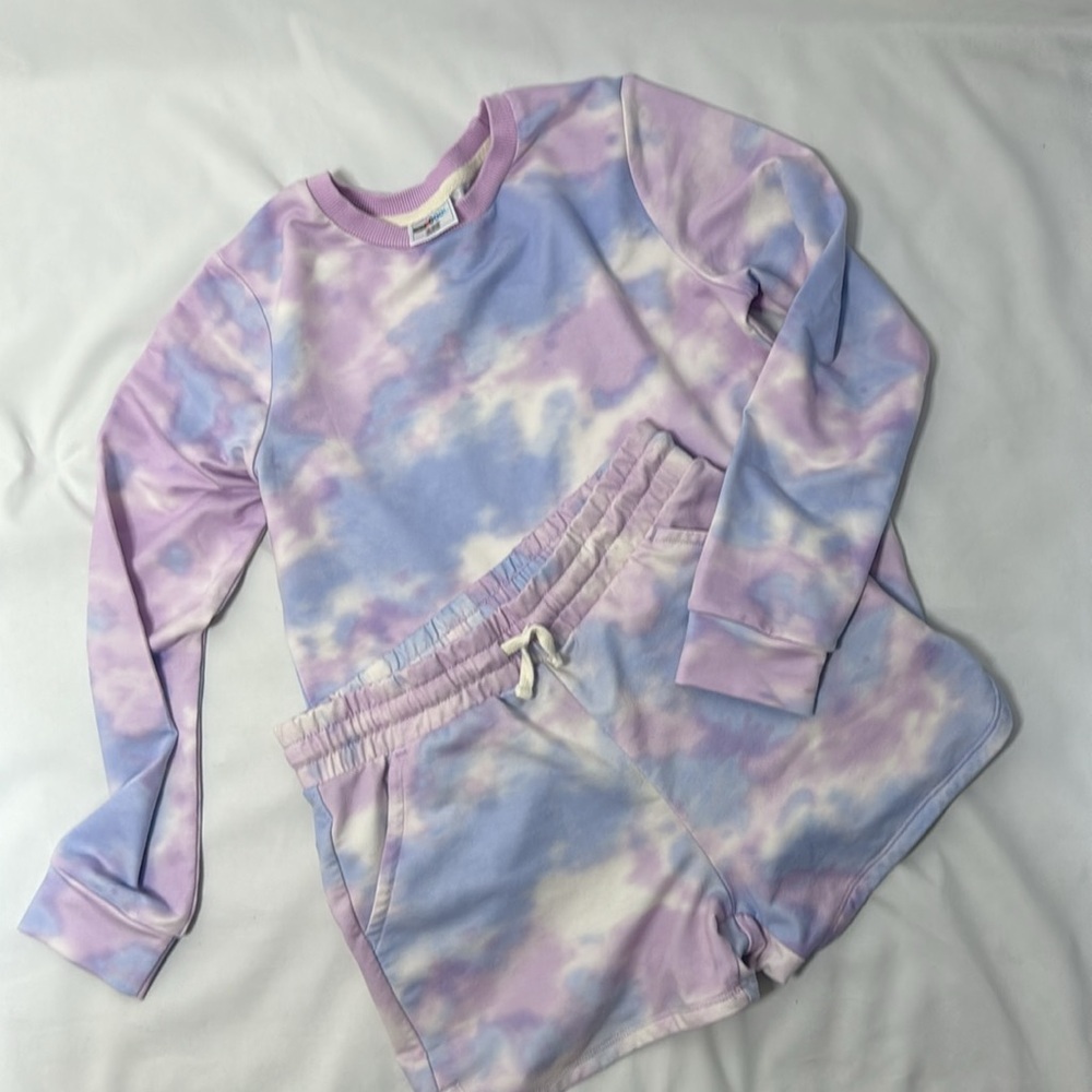 32 Degrees Purple and Blue Tie-Dye crew neck Sweatshirt and shorts set